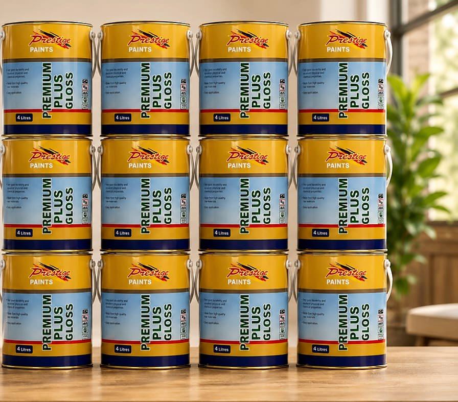 Prestige Premium Plus Gloss 4 litre tins stacked