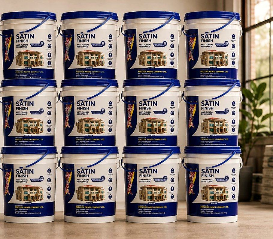 Prestige Satin Finish 20 litre buckets stacked in warm window light